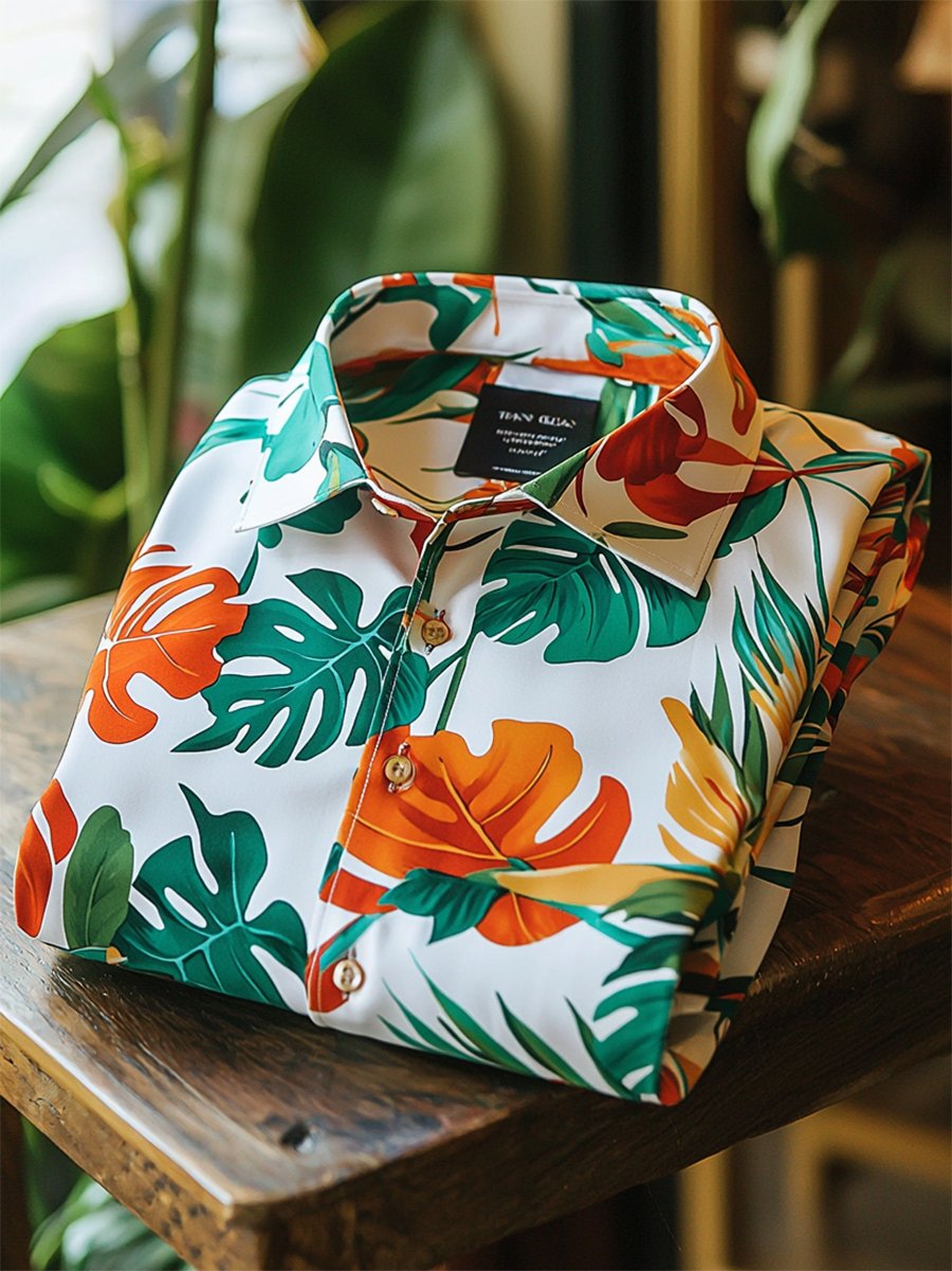 Camisa satén Luxe hawaiano estampado de manga corta Button para hombre