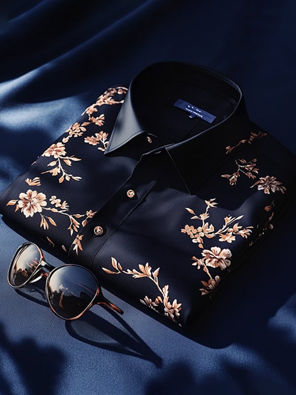 Camisa satén de lujo vintage floral de manga corta para hombre