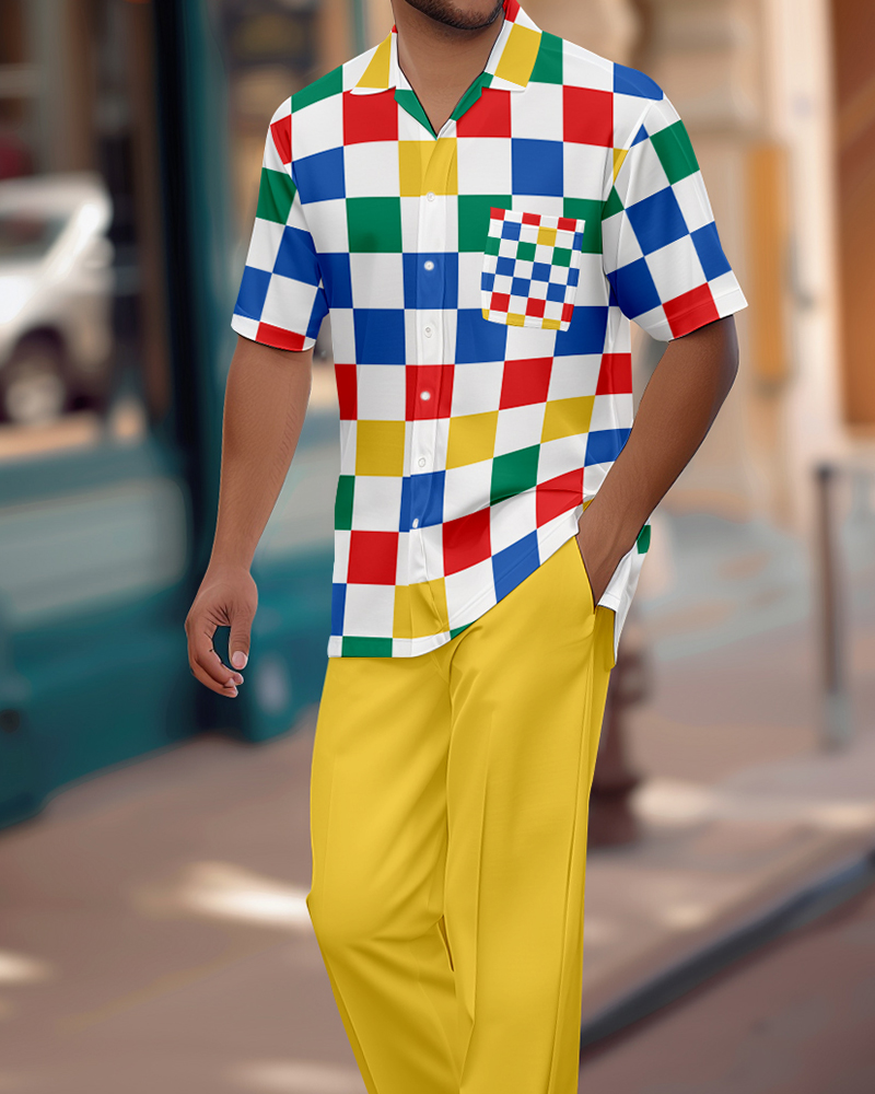 Camisa retro Colorblock de manga corta Walking Suit 1153 para hombre