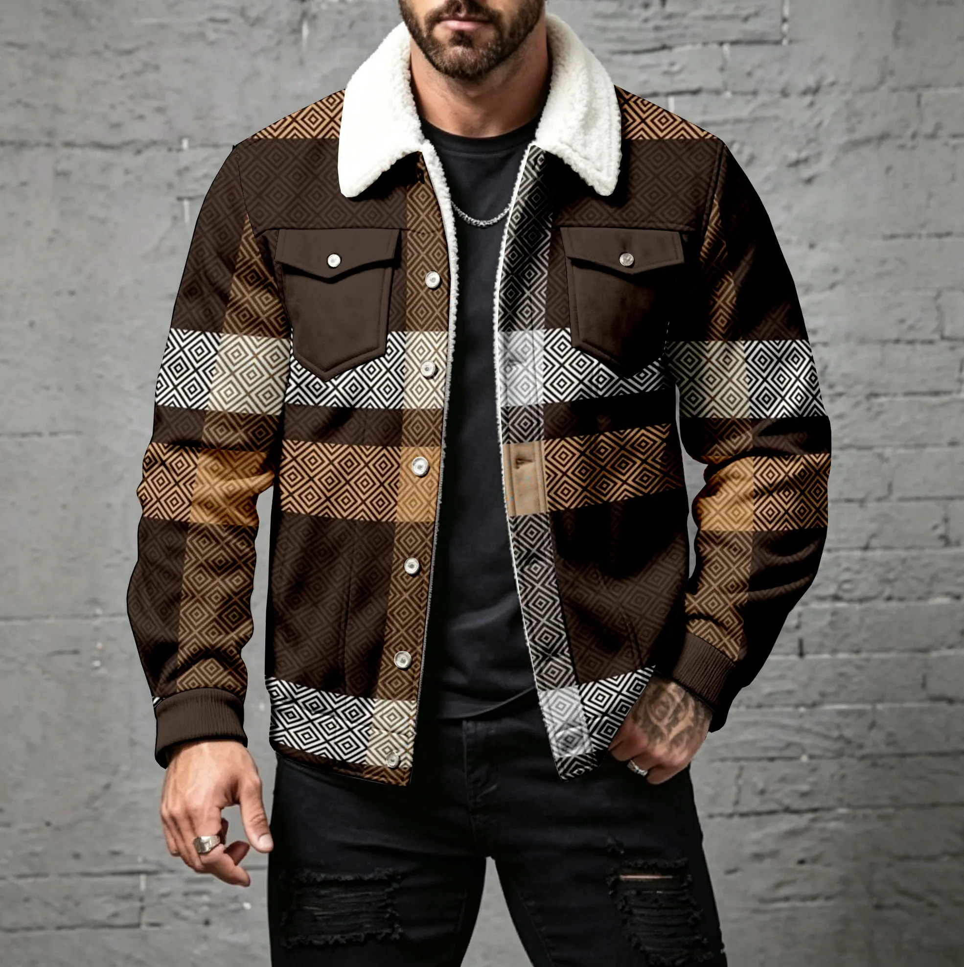 para hombre casual Checkered Print Cardigan with Buttons