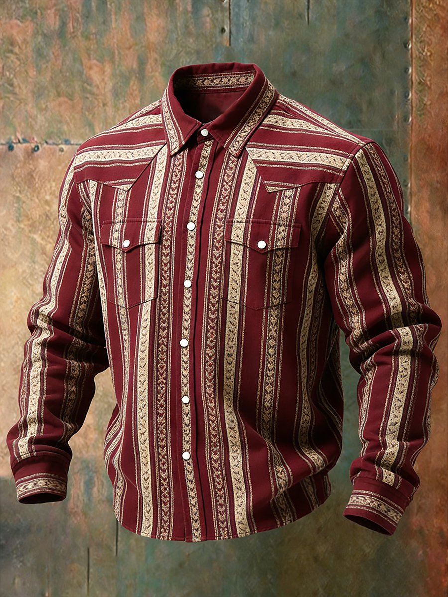 Camisa vintage a rayas Western de manga larga para hombre