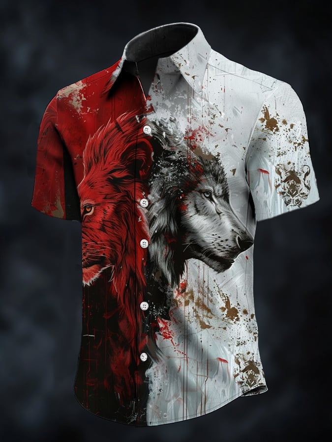 Camisa casual vintage Viking Wolf satén para hombre