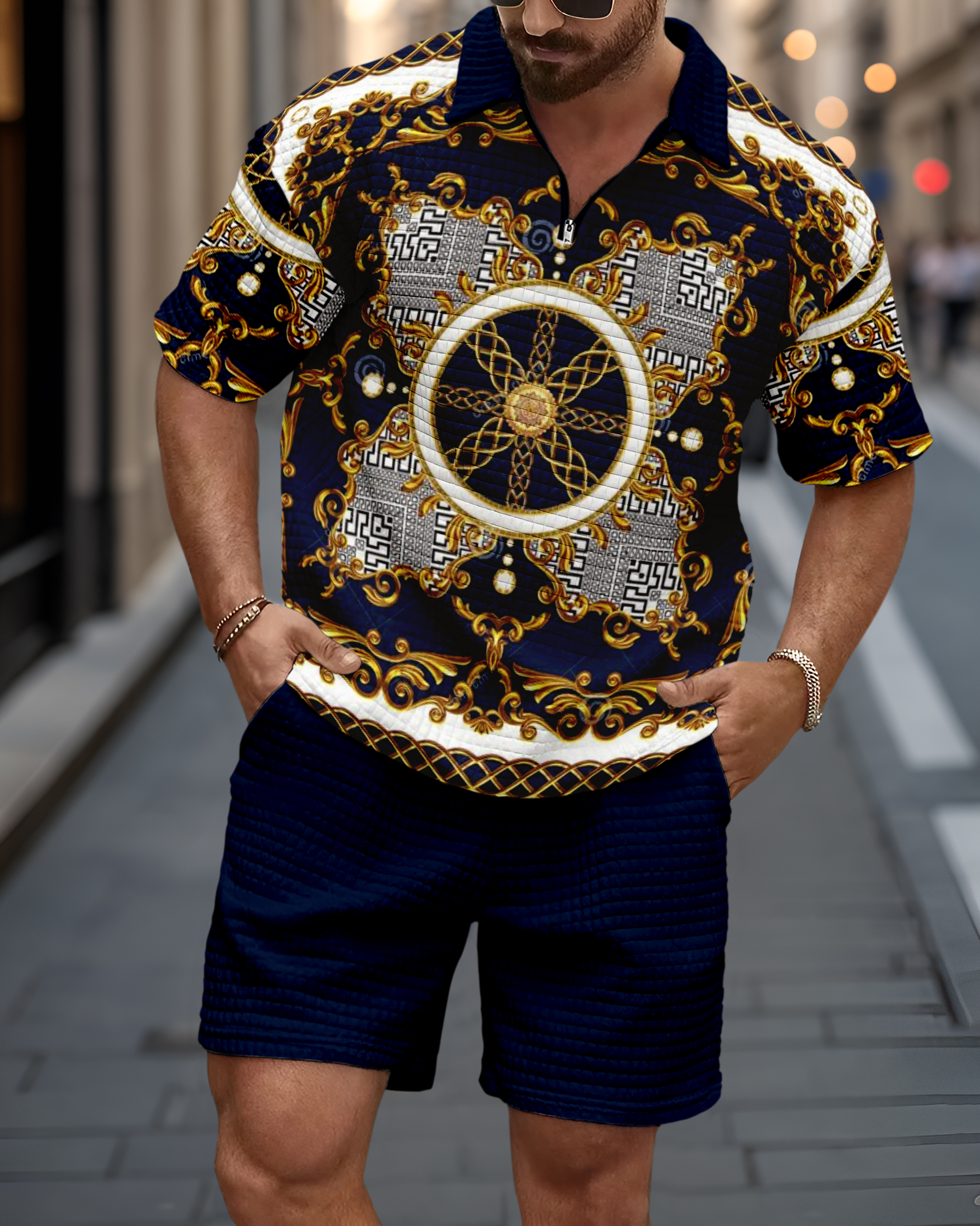 Casual waffle texture summer Polo Set 036 para hombre