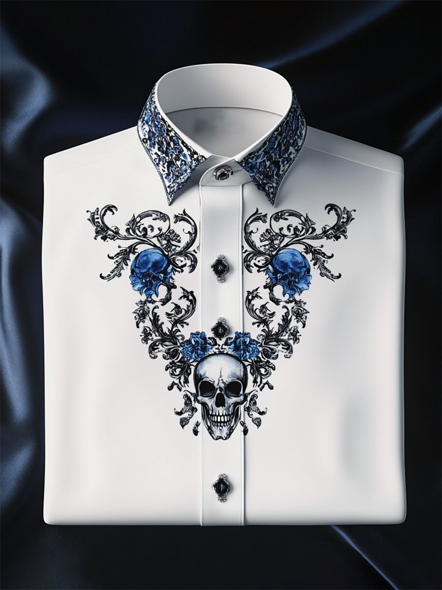 Camisa satén Luxe Skull de manga larga con botones para hombre