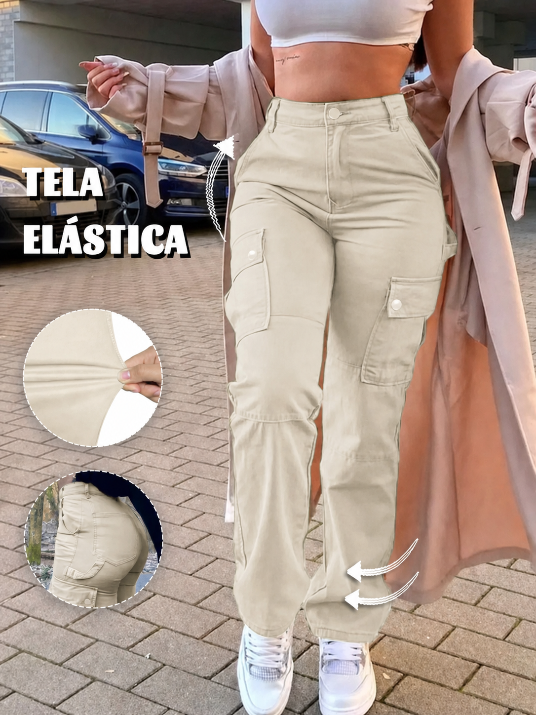 Pantalón cargo elástico de tiro alto para mujer · vista 6