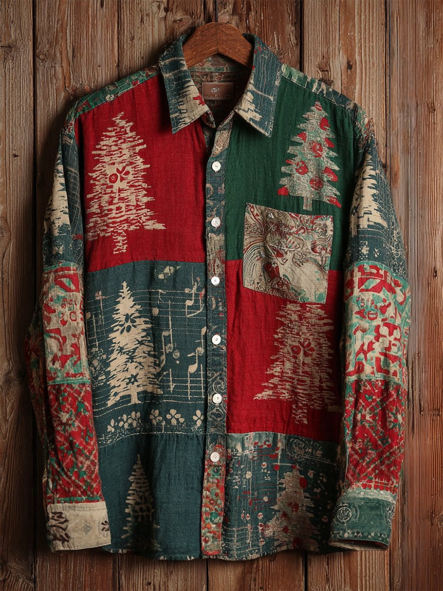 Camisa retro casual Christmas Tree Musical Notes de manga larga para hombre