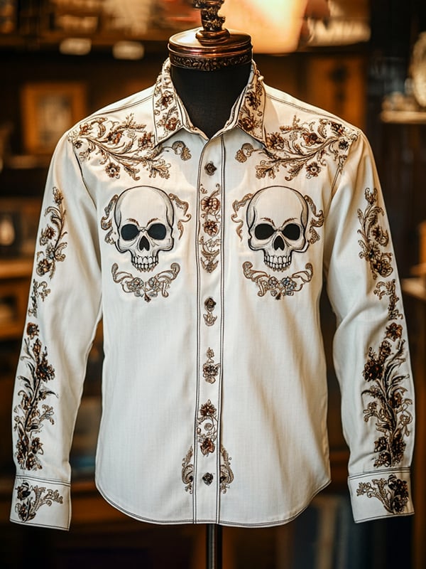 Camisa retro casual Skull estampado de manga larga para hombre