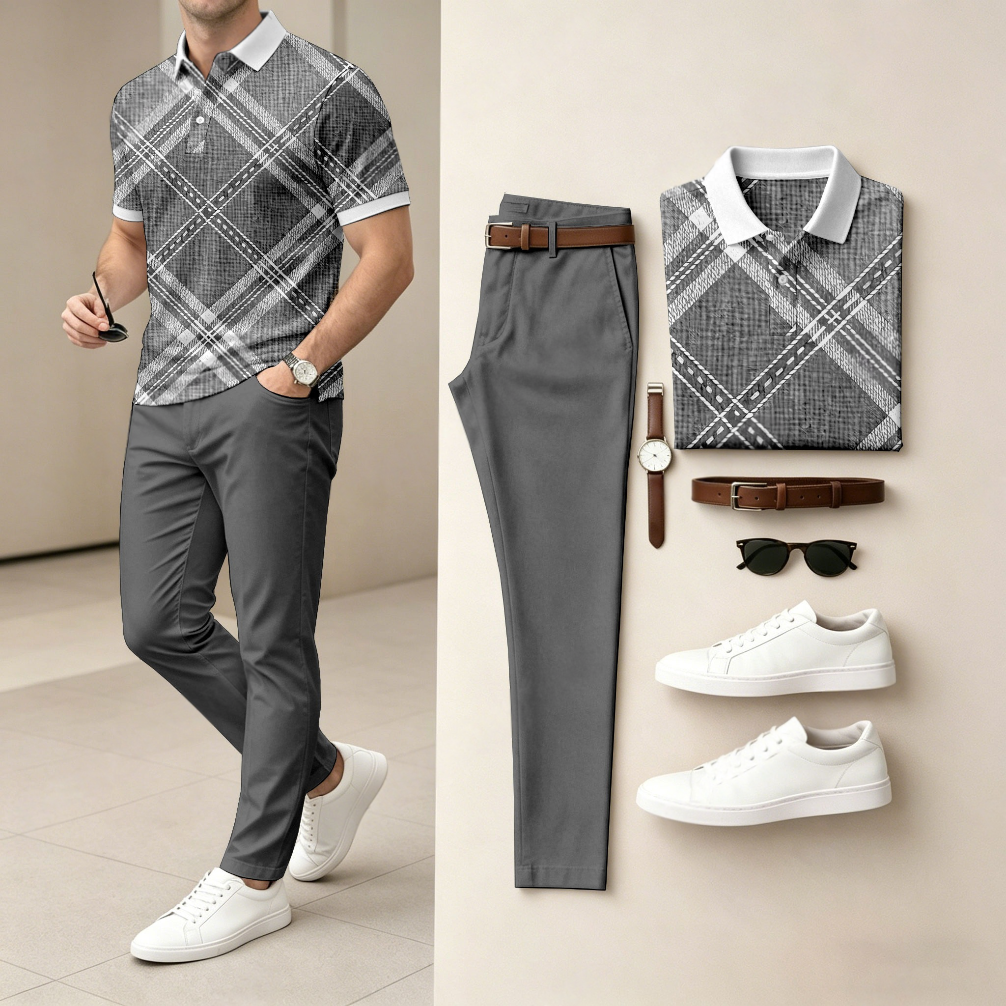 Conjunto de dos piezas casual Diamond Patterned estampado camisa polo And pantalón para hombre