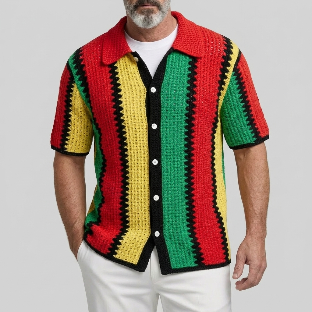 Camisa casual Colorblock a rayas Hollow Out Button-Up de manga corta para hombre