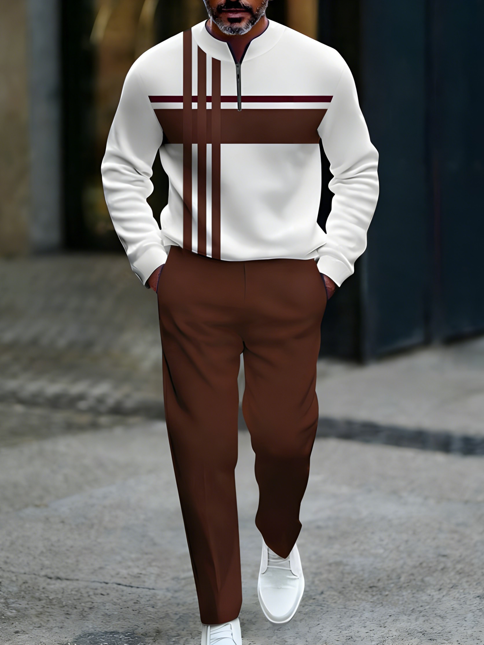 Conjunto de dos piezas casual Maroon & White Color Matching a rayas estampado Round-Neck Zipper de manga larga sudadera & Trousers para hombre