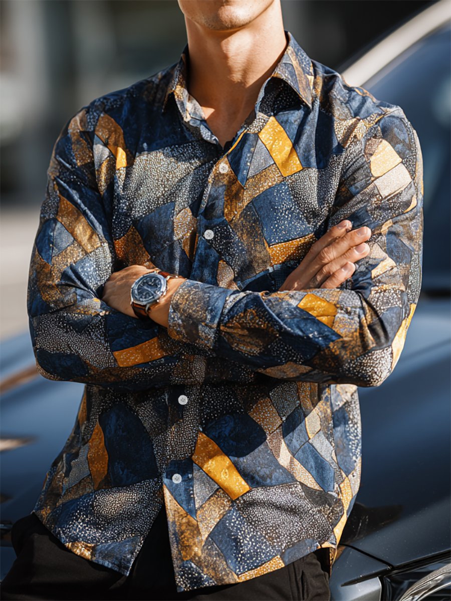 Camisa retro casual ejecutivo de manga larga para hombre