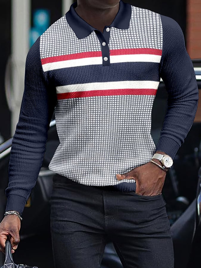 Camisa polo Colorblocked rayas casual Waffle de manga larga para hombre
