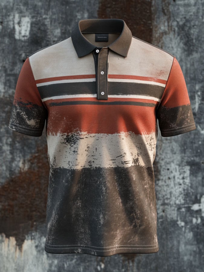Camisa polo casual retro a rayas estampado ejecutivo de manga corta para hombre