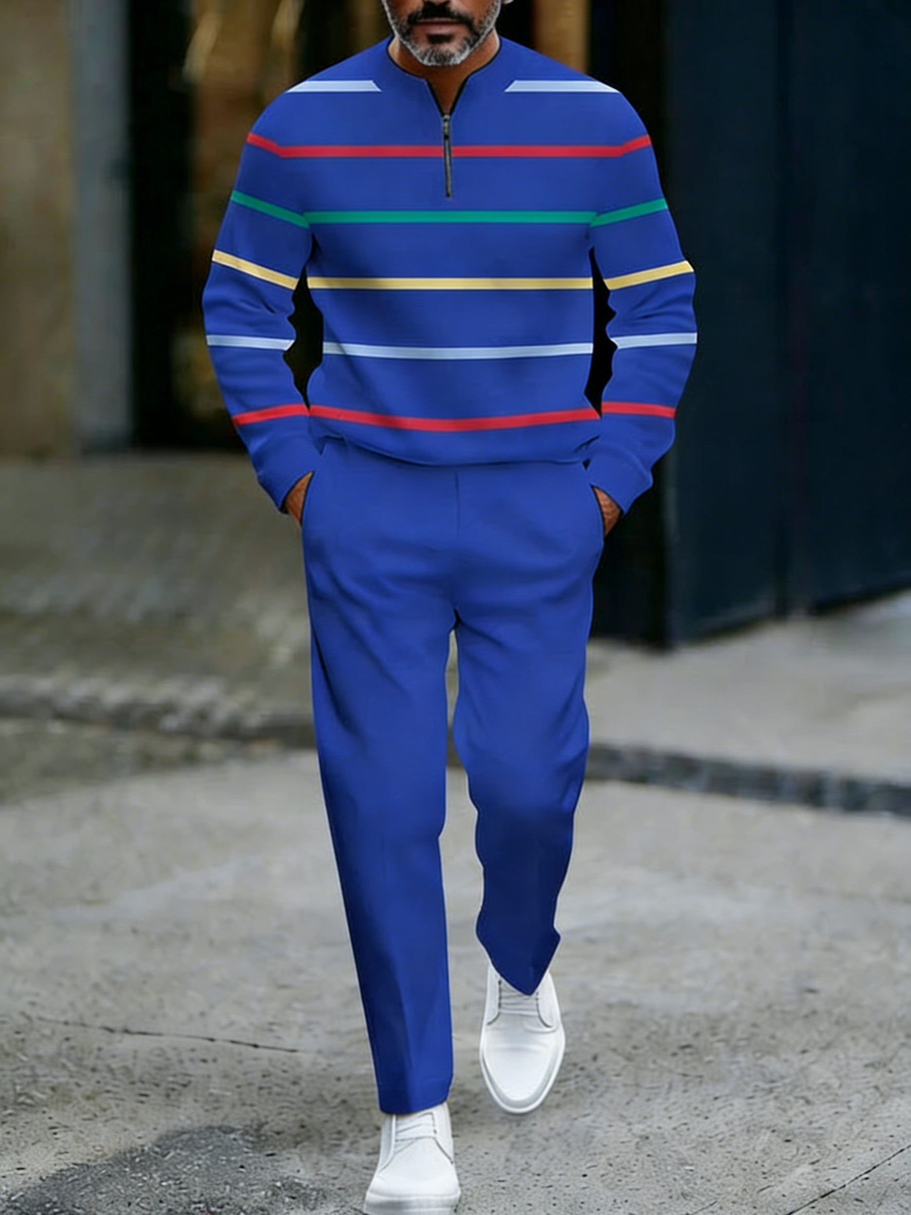 Conjunto de dos piezas casual Royal Blue & Multicolor a rayas estampado Round-Neck cierre de manga larga Tops & Trousers para hombre