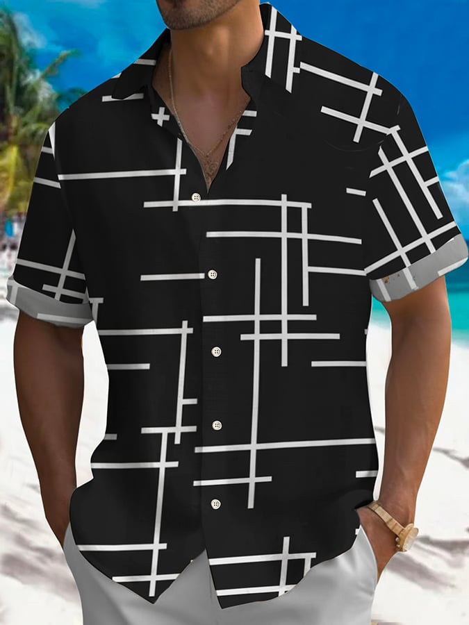 Camisa Leisure Holiday Geometric estampado de manga corta para hombre