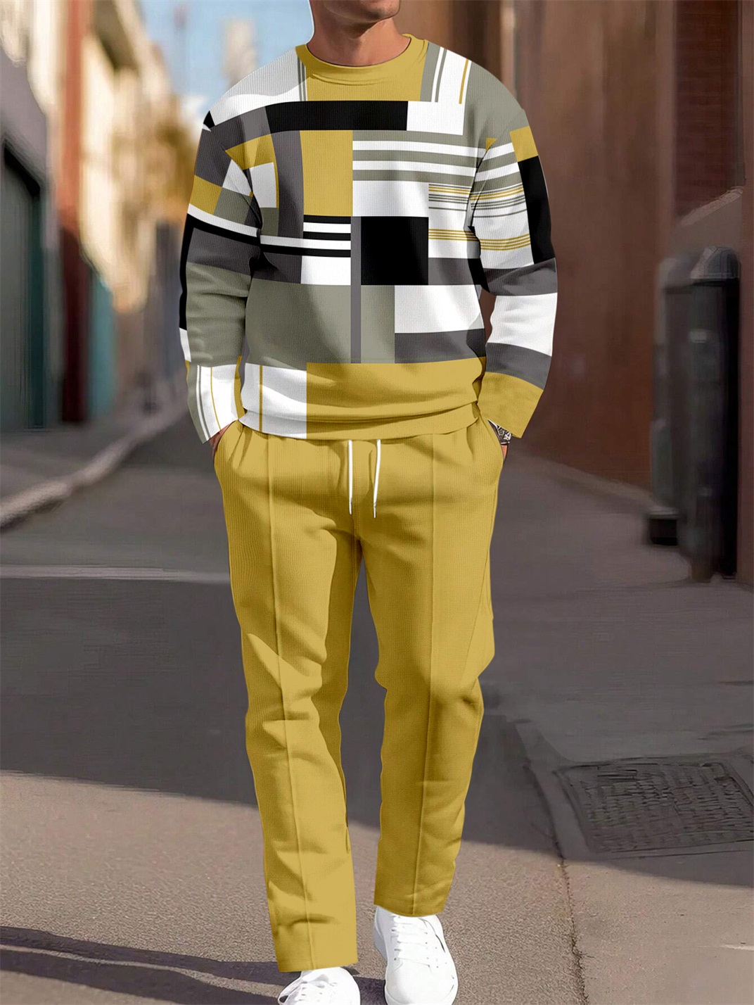 Simple Colorblock Round Neck casual Sports Set 051 para hombre