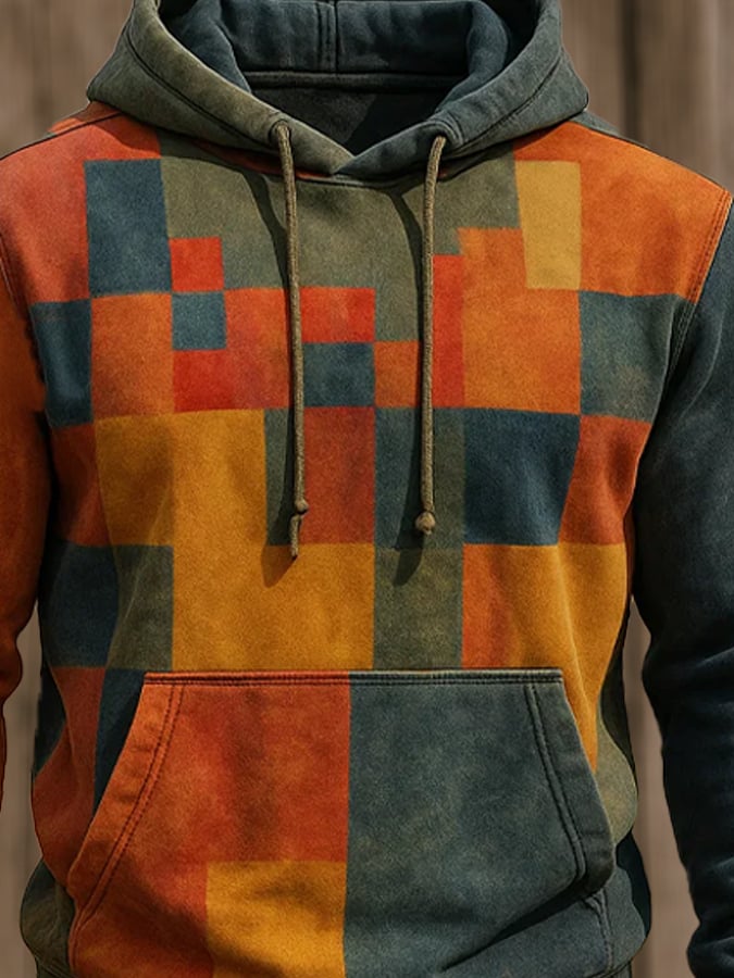 Sudadera retro desgastado en bloques de color estampado casual de manga larga para hombre