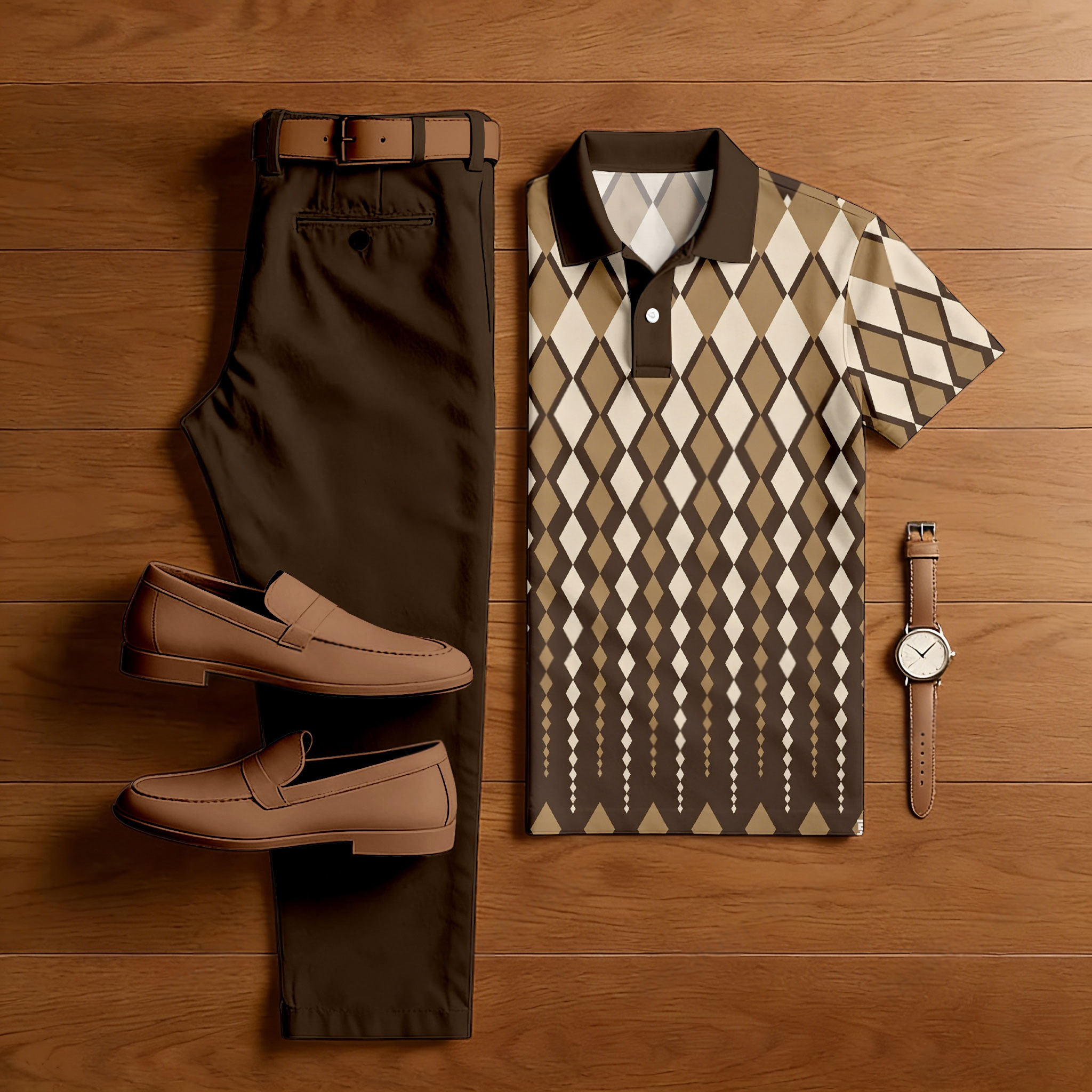 Conjunto de dos piezas casual Brown Geometry estampado camisa polo And pantalón para hombre