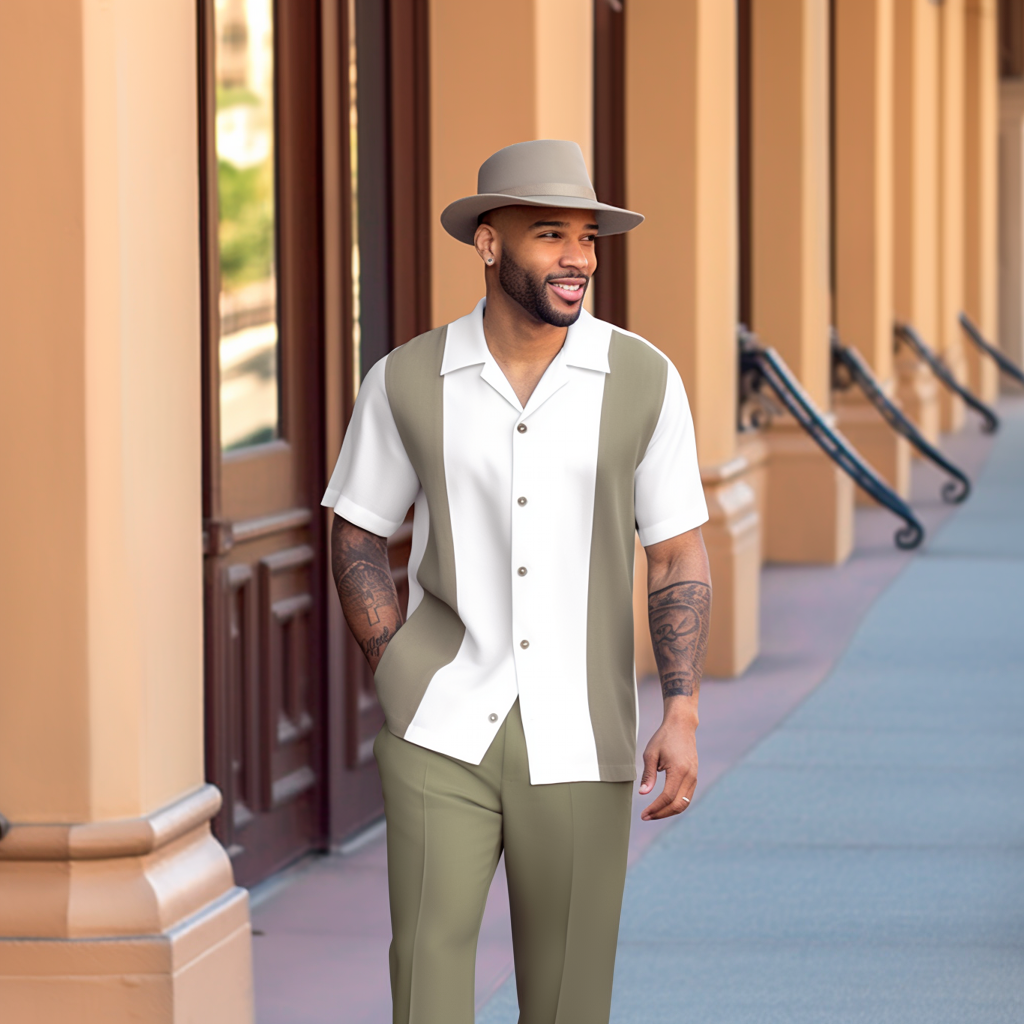 Camisa retro Colorblock de manga corta Walking Suit 1468 para hombre