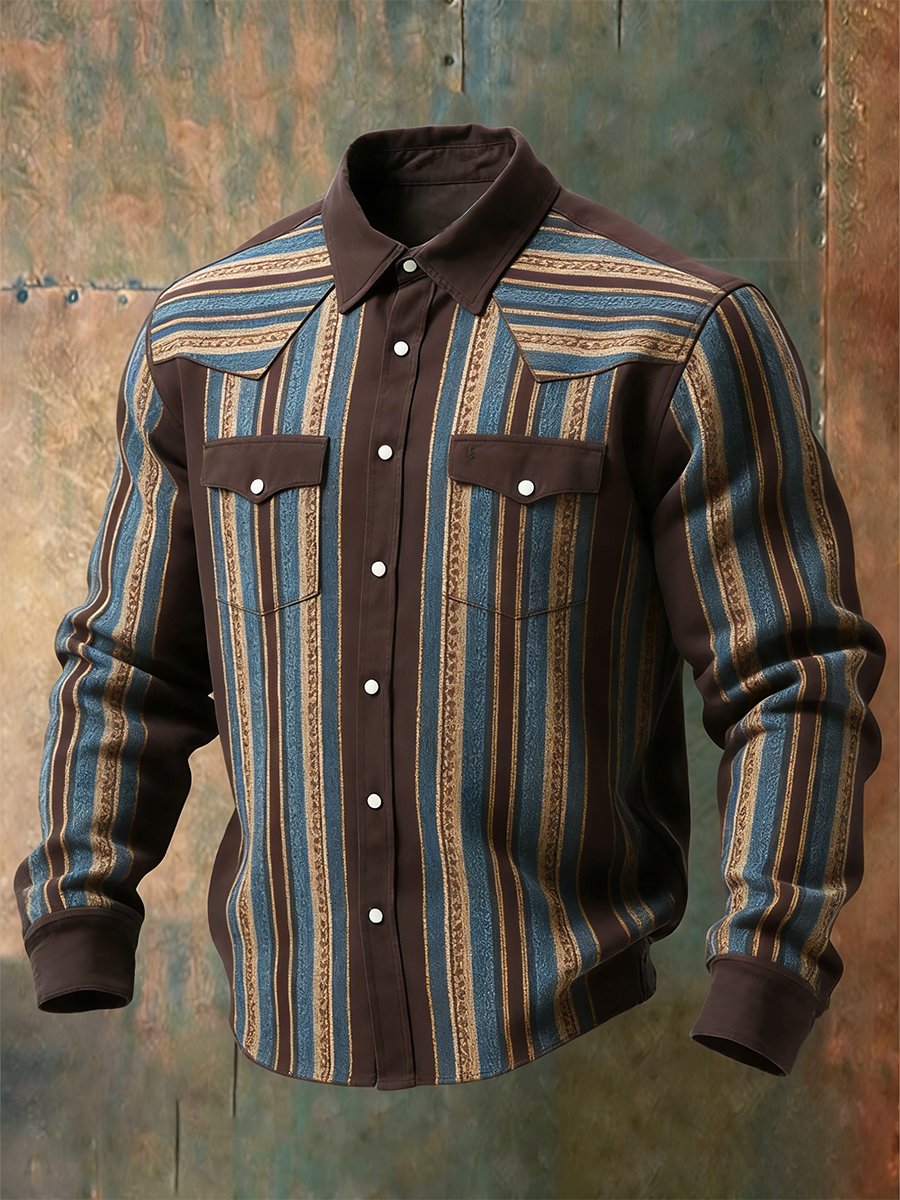 Camisa vintage a rayas Western de manga larga para hombre