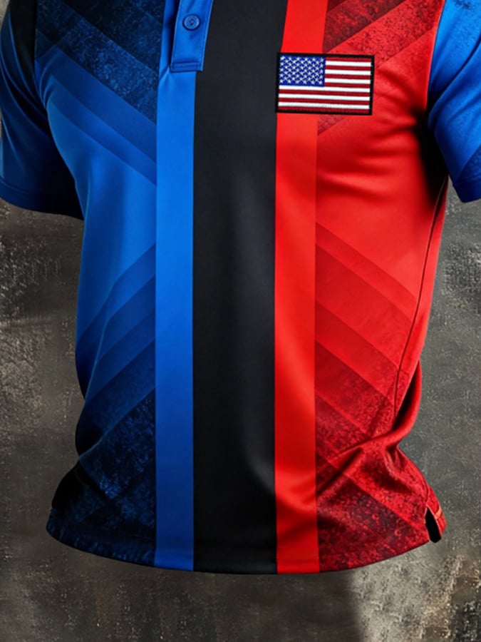 Retro Patriot en bloques de color Polo Collar de manga corta para hombre