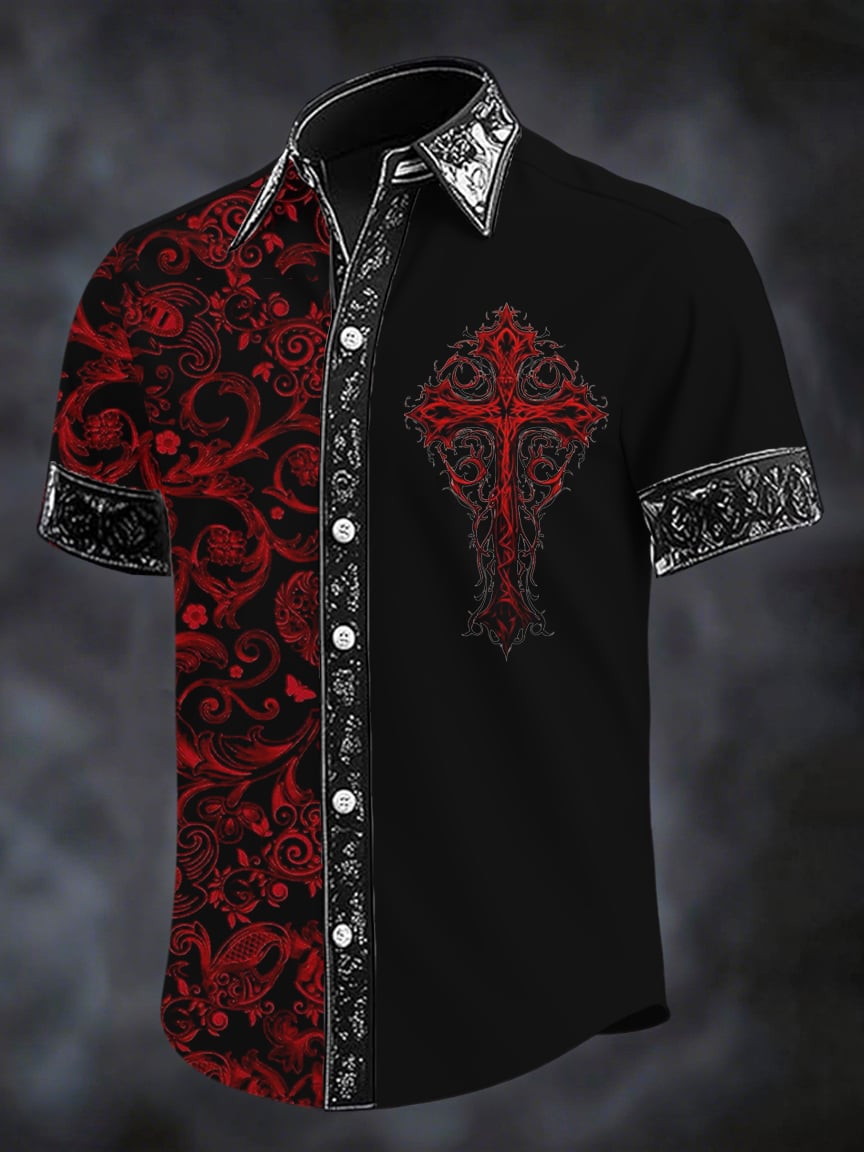 Camisa retro Gothic Cross estampado de manga corta para hombre