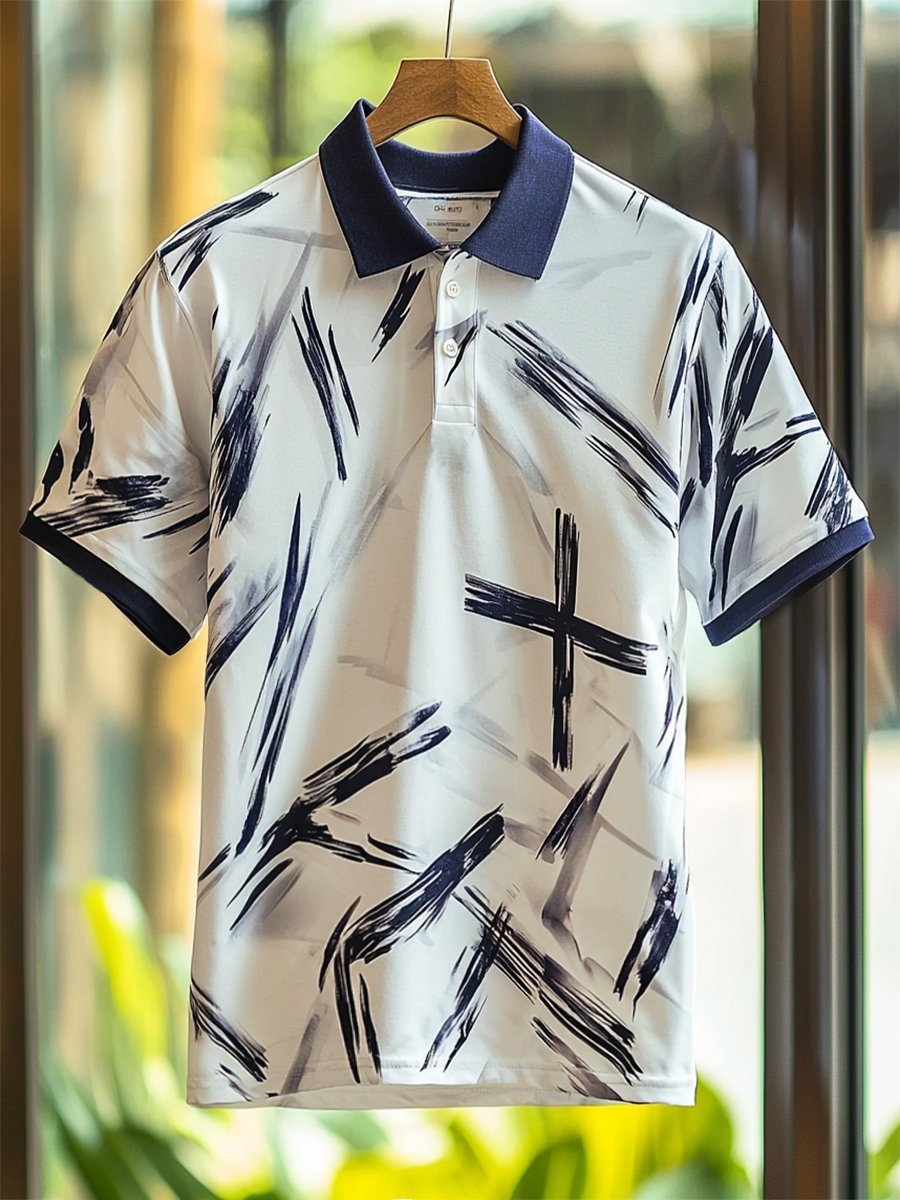 Camisa polo ejecutivo casual Cross estampado Button de manga corta para hombre
