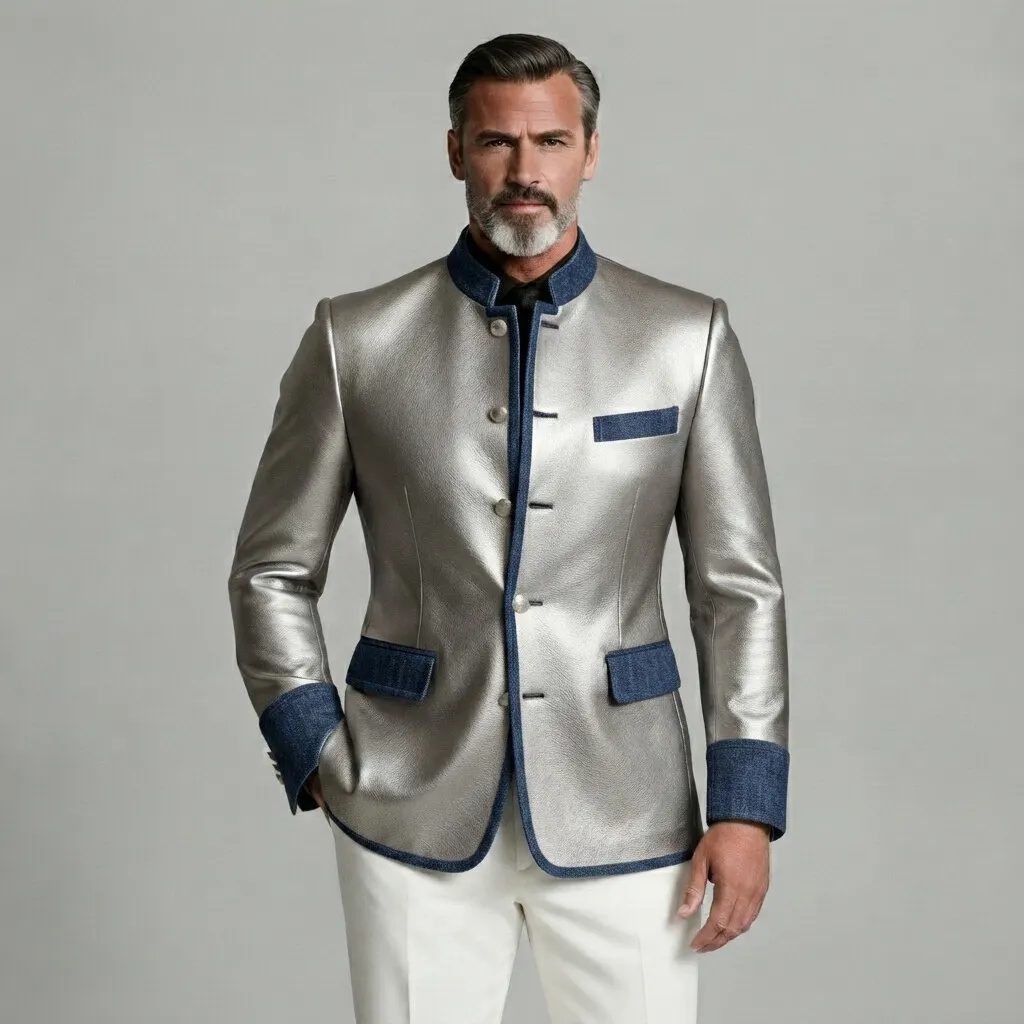 para hombre vintage Silver Mandarin Collar Single Breasted Denim Trim de corte entallado PU Leather chaqueta