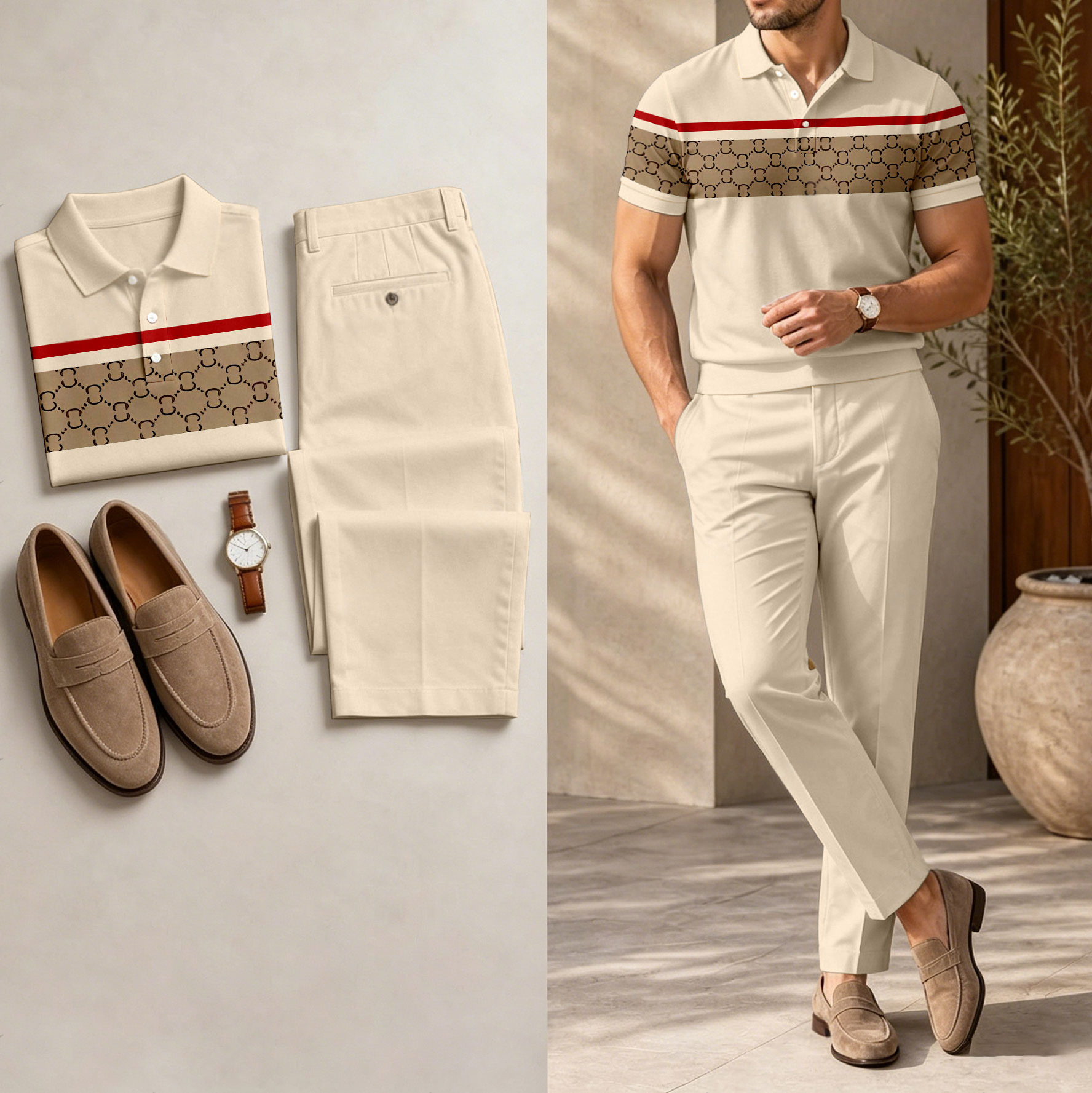 Conjunto de dos piezas casual Khaki a cuadros estampado camisa polo And pantalón para hombre