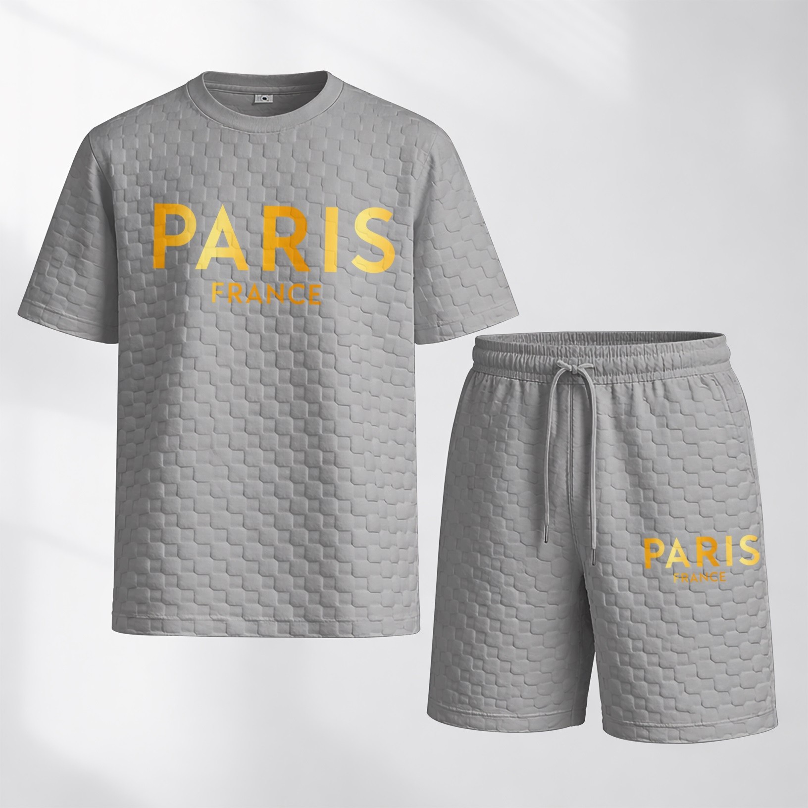 Camisa Spring/Summer Drawstring shorts Set featuring Paris Letter estampado and a cuadros Fabric—a casual summer ensemble comprising a de manga corta and shorts, ideal for both everyday wear and athletic activities. para hombre