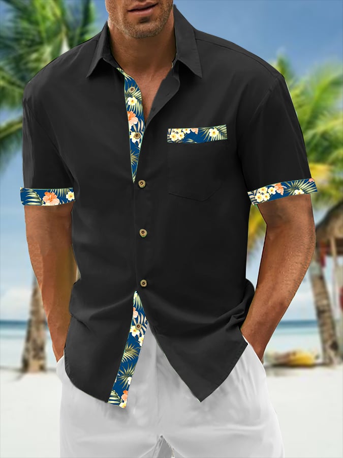 Camisa Resort Style Contrast estampado casual de manga corta para hombre