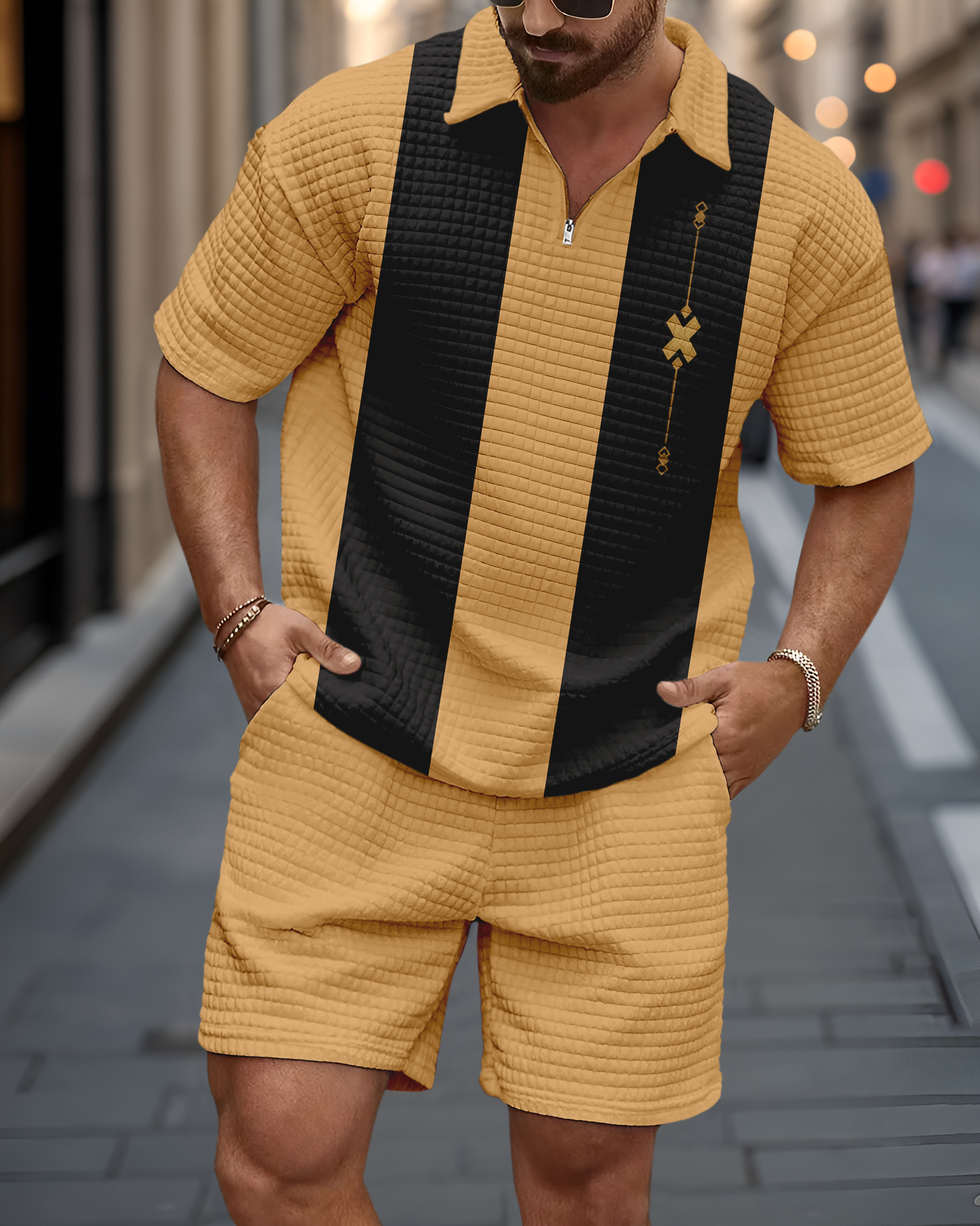 Casual Art estampado Waffle Texture Summer Polo Set 066 para hombre