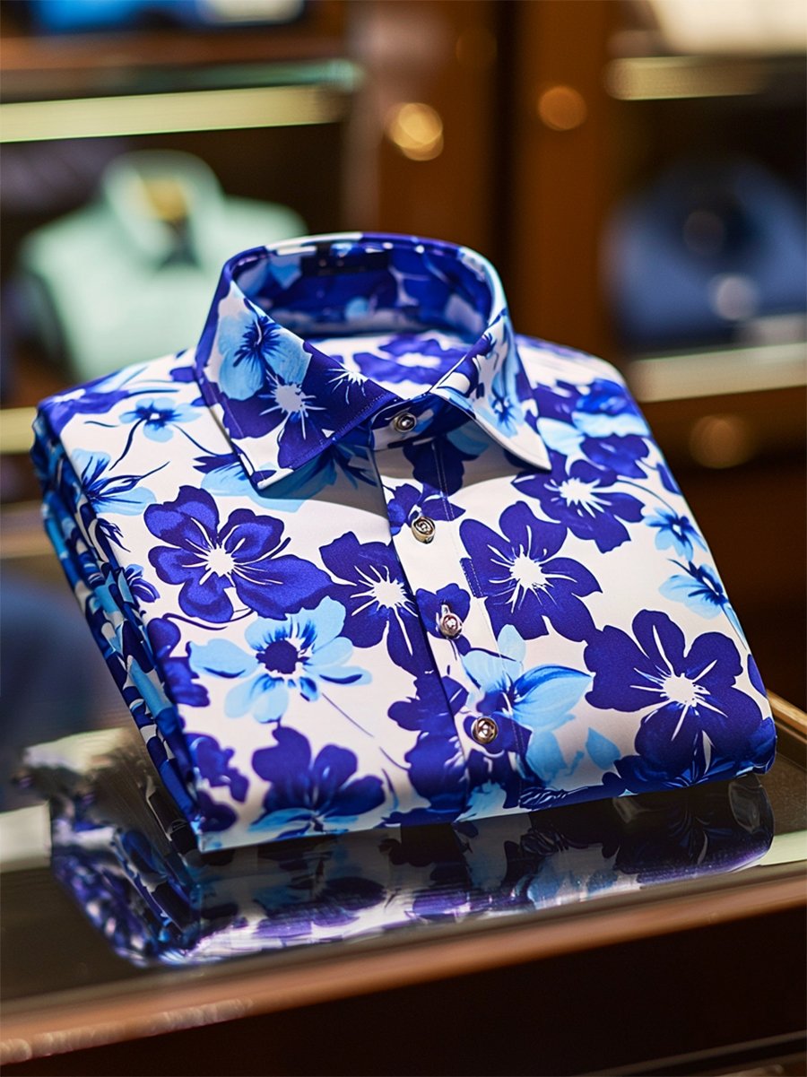 Camisa satén Luxe hawaiano estampado de manga corta Button para hombre