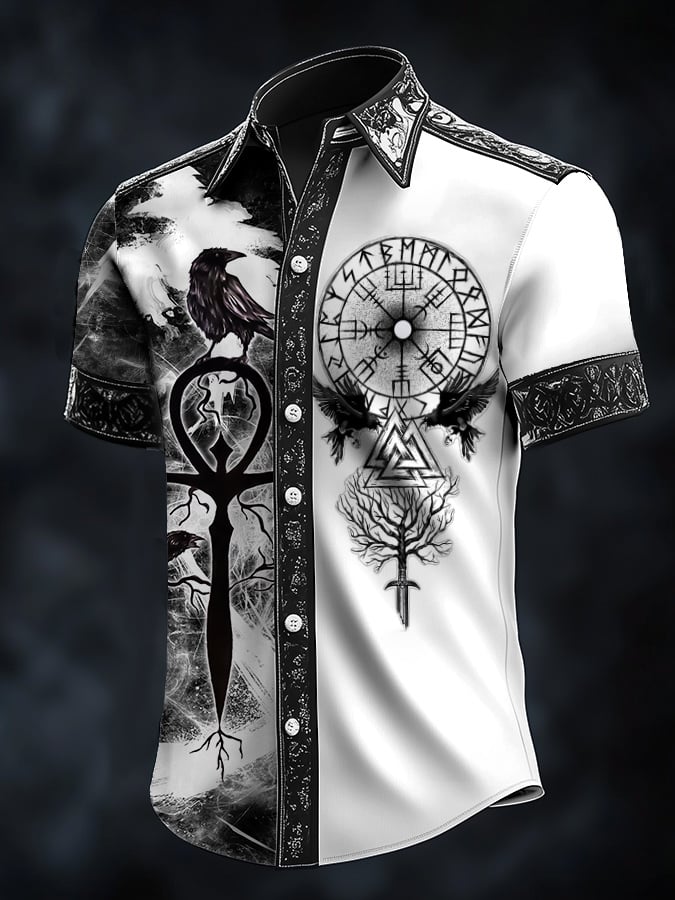 Camisa casual vintage Viking Raven satén para hombre