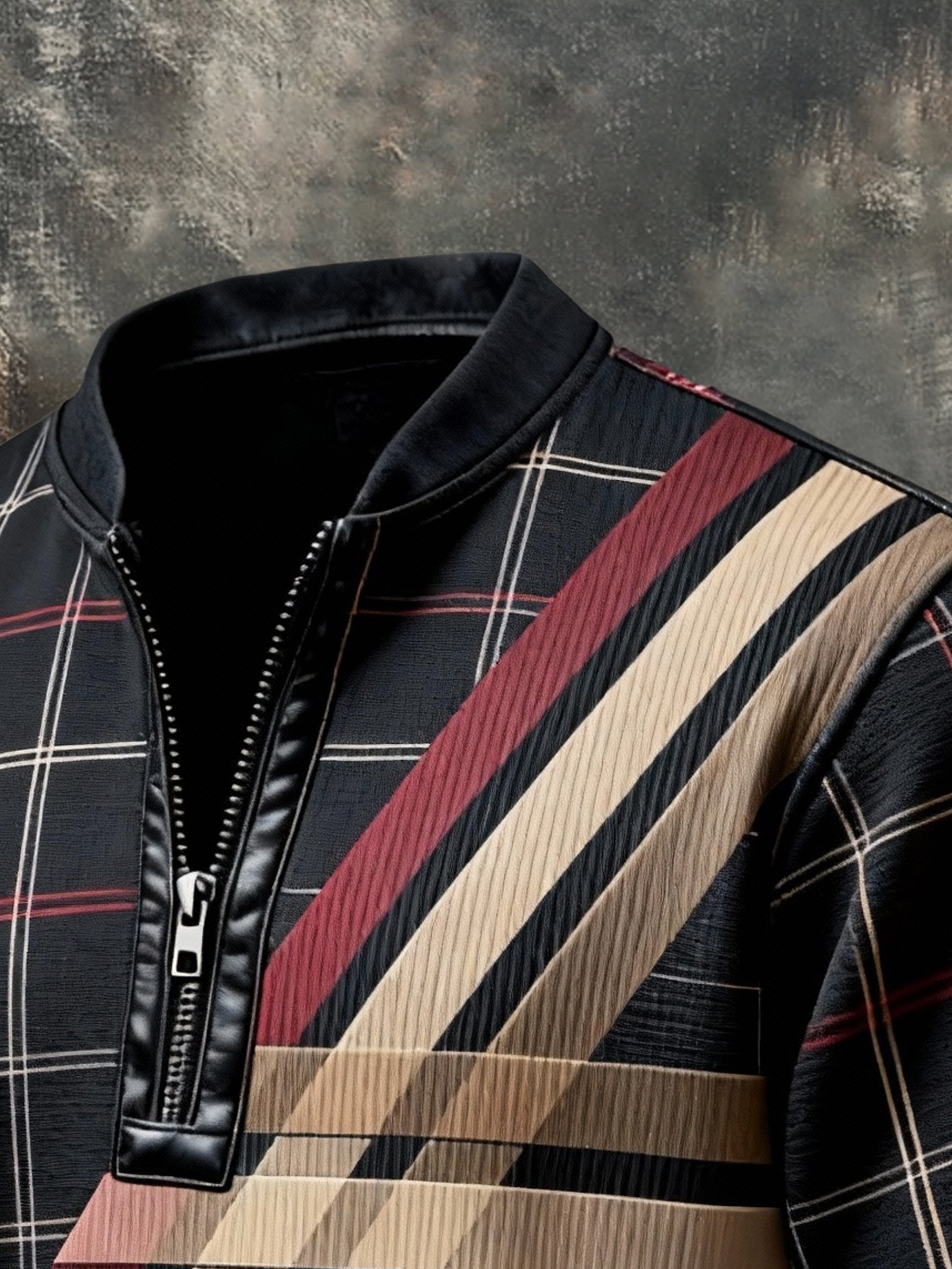 Sudadera casual retro Contrast Color Half Zip Stand cuello de manga larga para hombre
