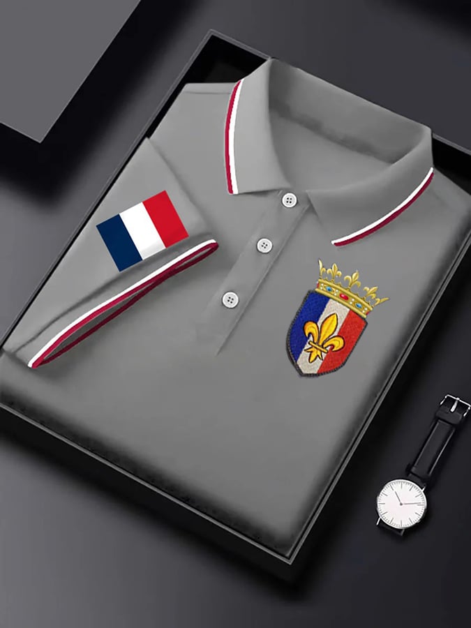 Camisa polo de manga corta French Badge estampado con botones para hombre