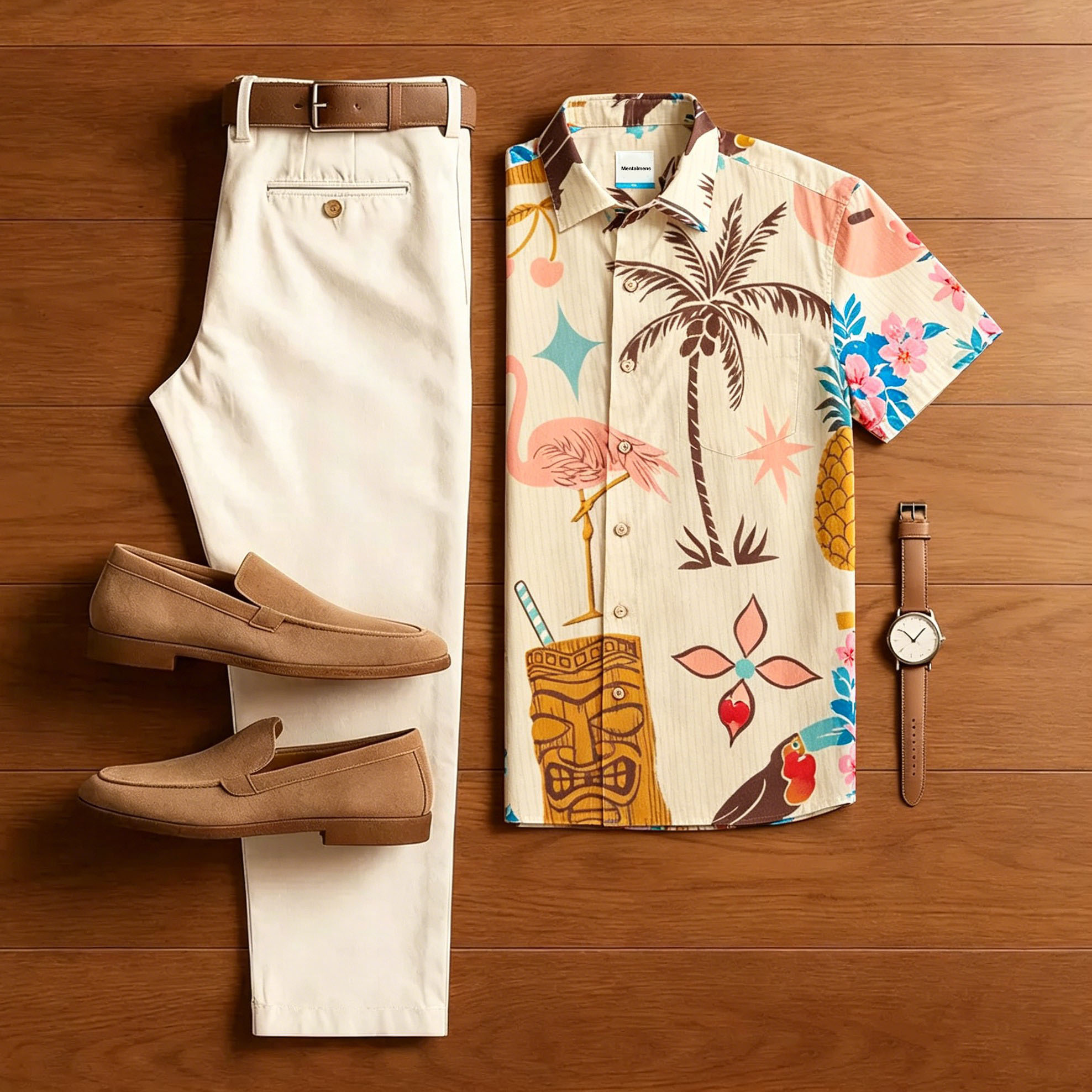 Conjunto de dos piezas Hawaiian Style estampado With Polo Collar camisa & pantalón para hombre