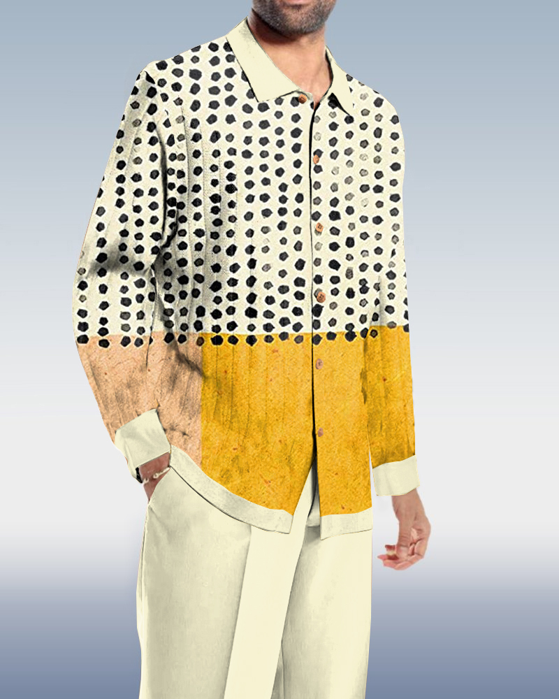 Casual Yellow And White Block Splicing Walking Suit de manga larga Set para hombre