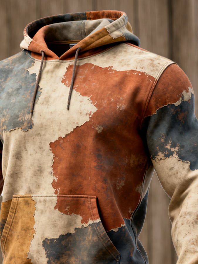 Sudadera retro desgastado en bloques de color estampado casual de manga larga para hombre