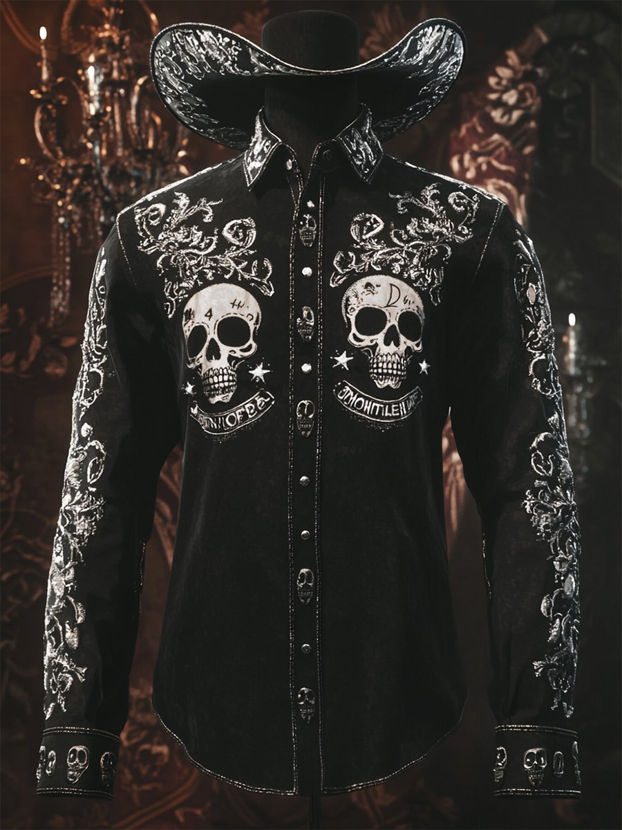 Camisa retro casual Skull estampado de manga larga para hombre