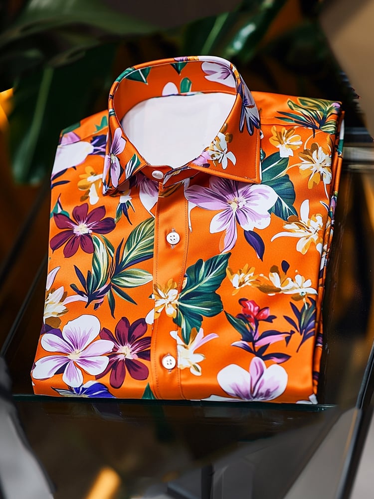 Camisa satén Luxe hawaiano Orange de manga corta con botones para hombre