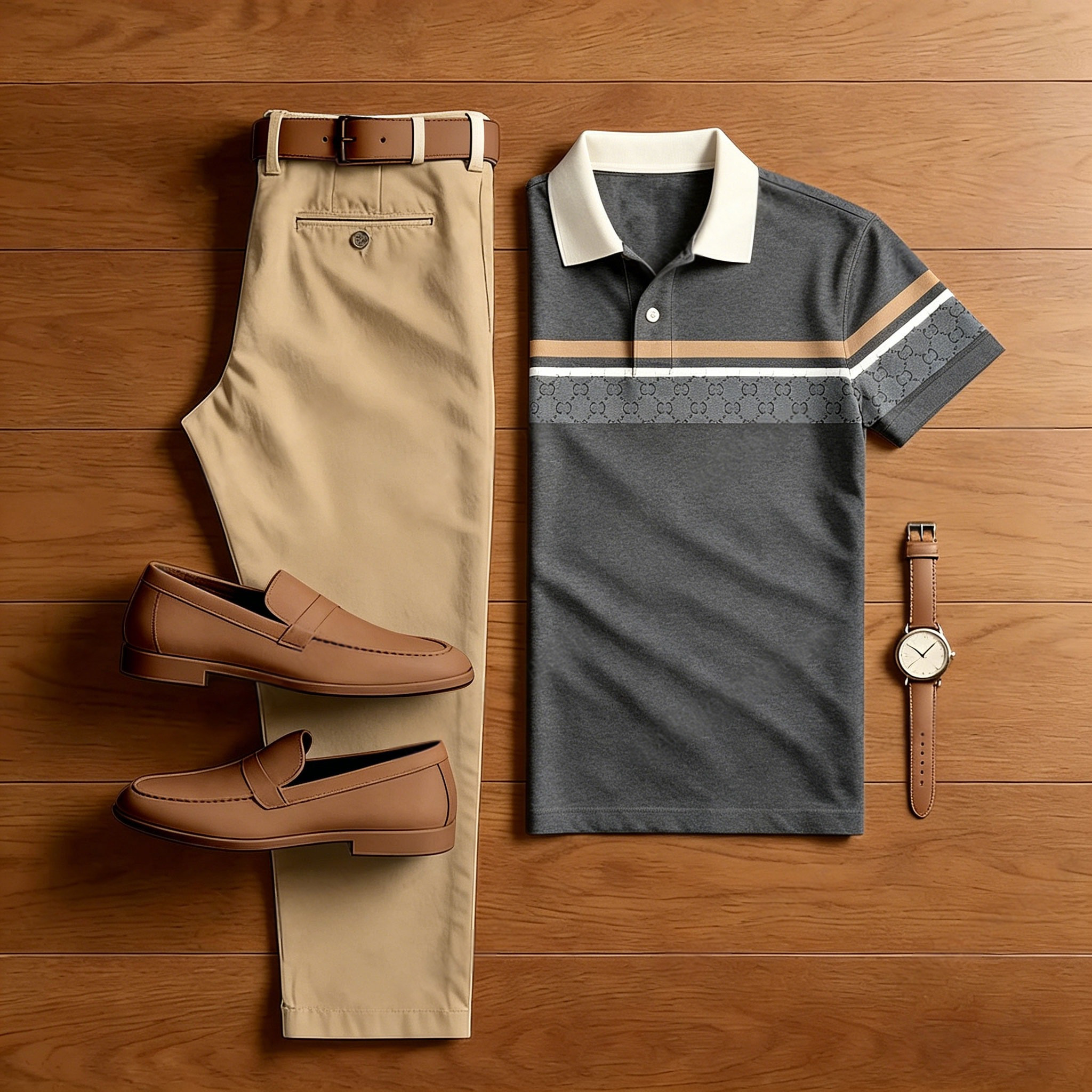 Conjunto de dos piezas casual Gray a cuadros estampado camisa polo And pantalón para hombre