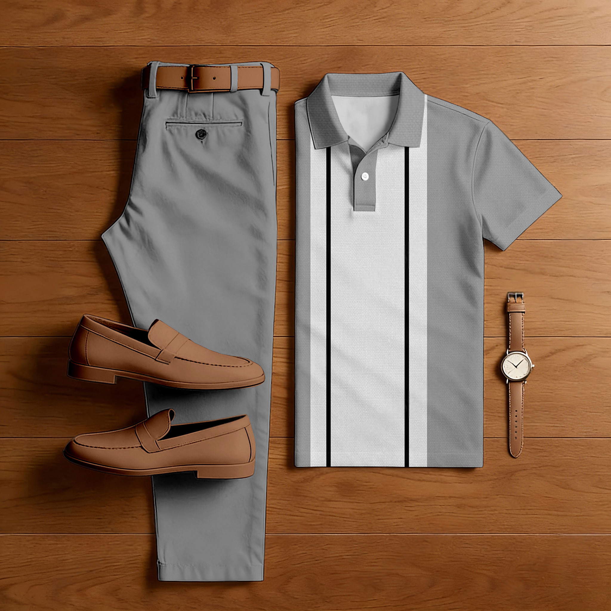 Conjunto de dos piezas casual Gray Geometry estampado camisa polo And pantalón para hombre