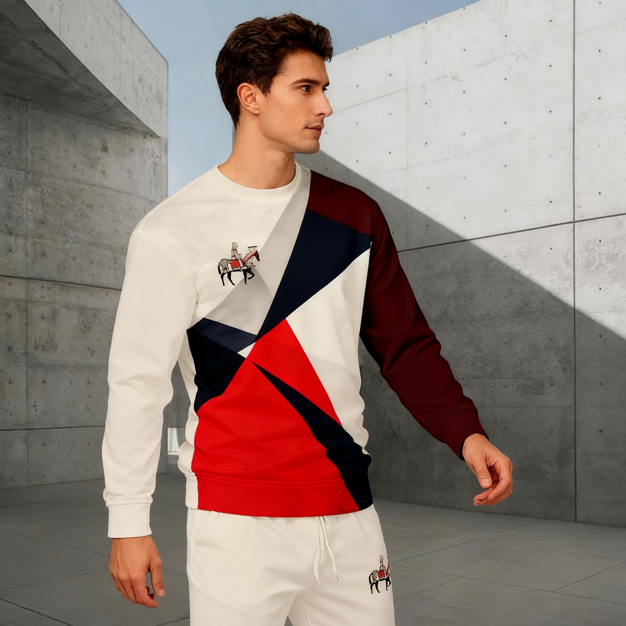 Conjunto de dos piezas casual Color Matching estampado Round-Neck de manga larga sudaderas Trousers para hombre