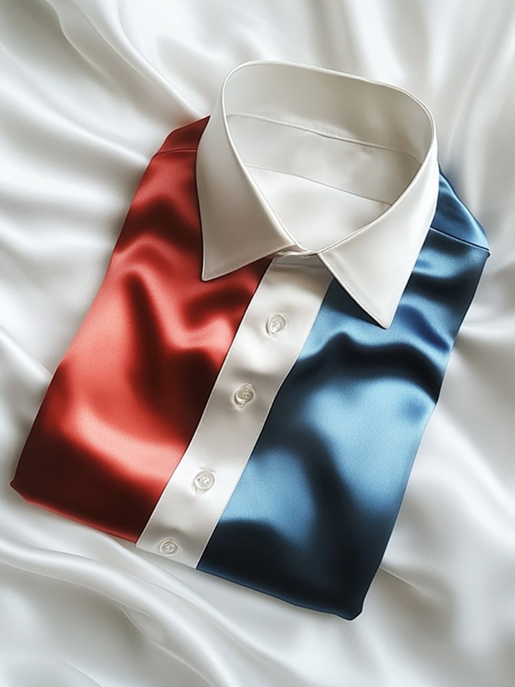 Camisa ejecutivo casual Blue and Red Block Design solapa de manga corta para hombre