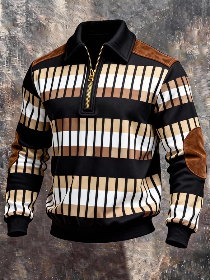 para hombre retro en bloques de color Print Zipper Sweacamiseta