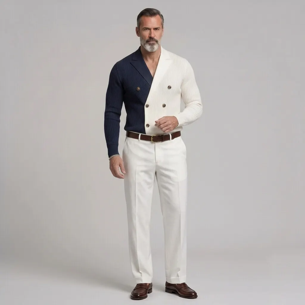 para hombre Colorblock Ribbed tejido Double-Breasted Lapel Collar Slim Ficamiseta