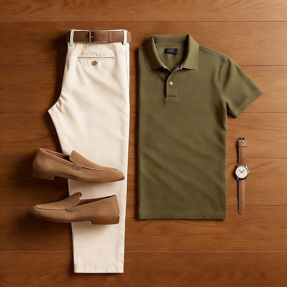 Conjunto de dos piezas casual Arm Green & Khaki Color Matching de manga corta camisa polo & Trousers para hombre