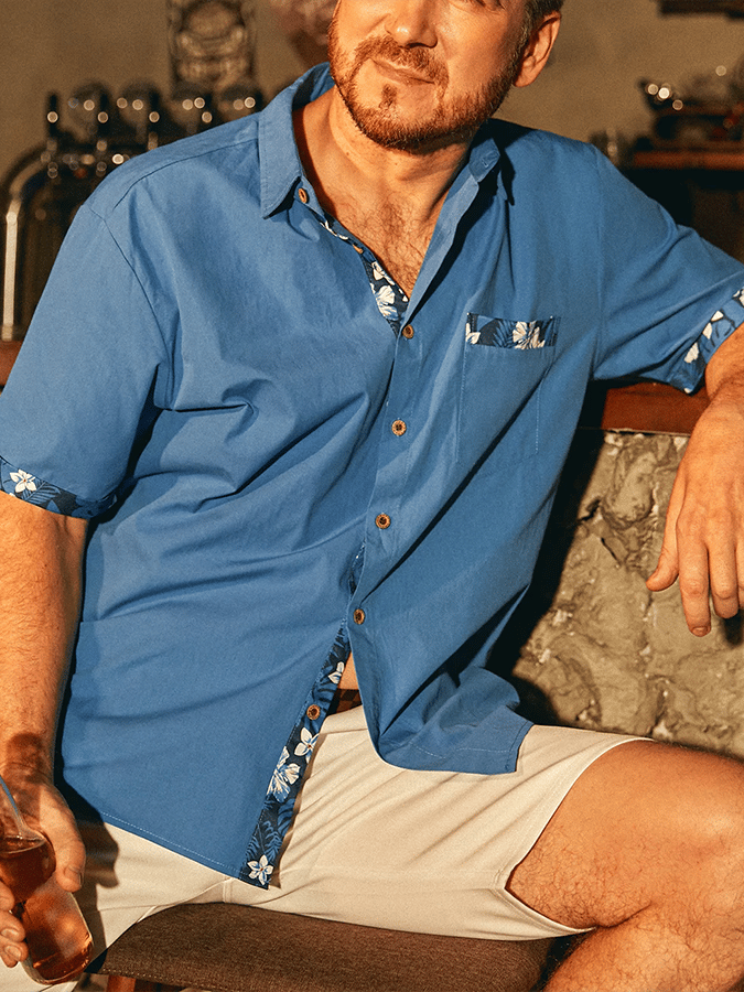 Camisa hawaiano Contrast Patchpara trabajo Design estampado With bolsillos de manga corta para hombre