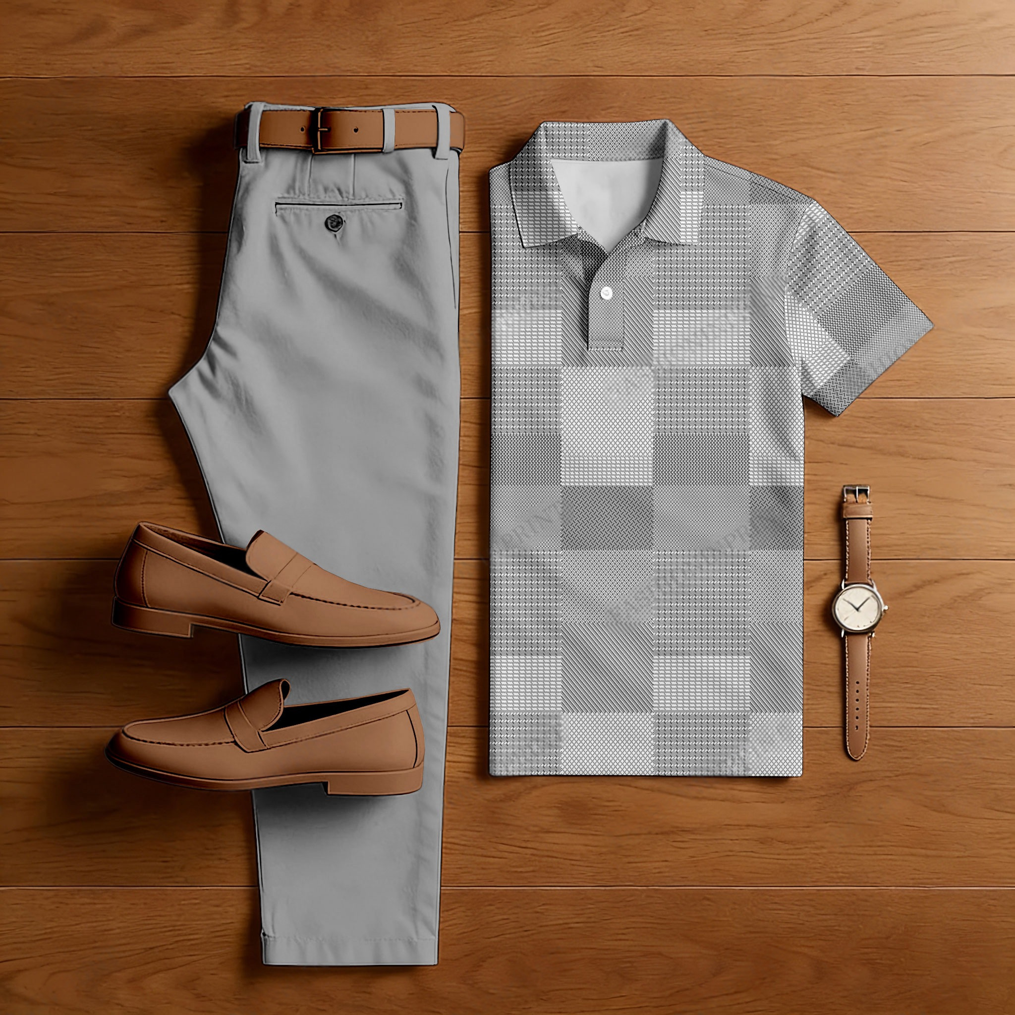 Conjunto de dos piezas casual Gray Color Matching Checkered estampado de manga corta camisa polo & Trousers para hombre